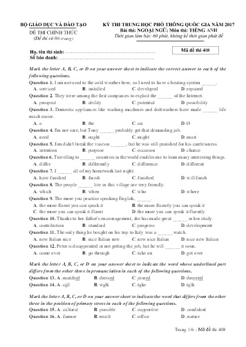 Đề thi Trung học Phổ thông Quốc gia năm 2017 môn Tiếng Anh - Mã đề thi 408