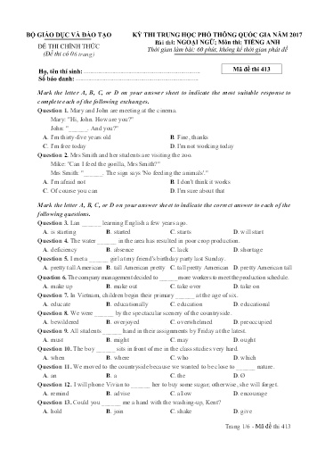 Đề thi Trung học Phổ thông Quốc gia năm 2017 môn Tiếng Anh - Mã đề thi 413