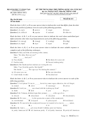 Đề thi Trung học Phổ thông Quốc gia năm 2017 môn Tiếng Anh - Mã đề thi 411