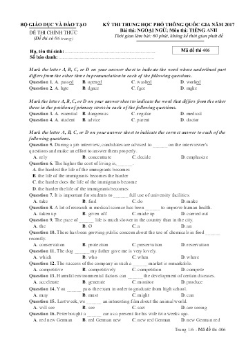 Đề thi Trung học Phổ thông Quốc gia năm 2017 môn Tiếng Anh - Mã đề thi 406