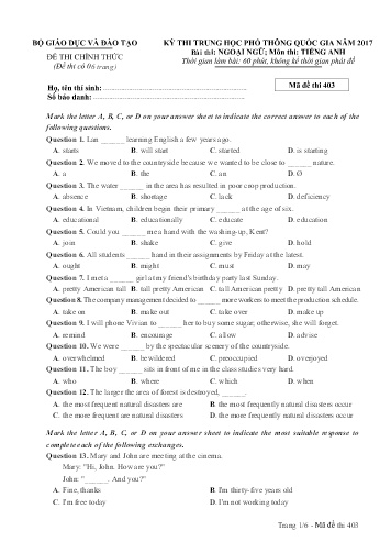 Đề thi Trung học Phổ thông Quốc gia năm 2017 môn Tiếng Anh - Mã đề thi 403