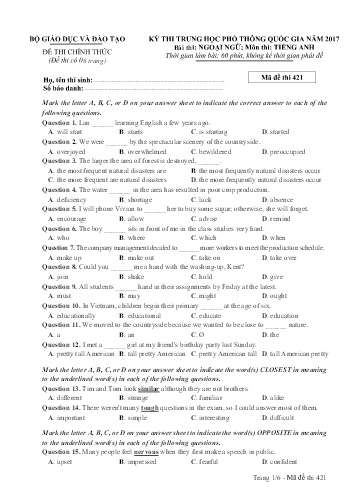 Đề thi Trung học Phổ thông Quốc gia năm 2017 môn Tiếng Anh - Mã đề thi 421