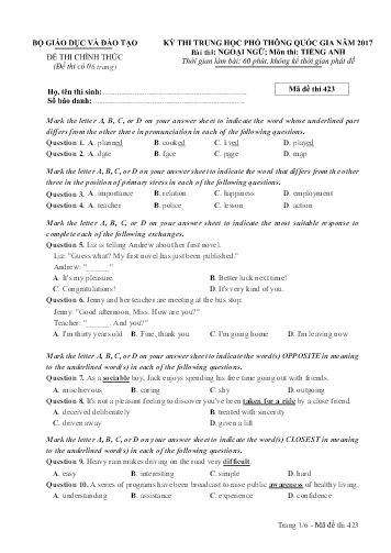Đề thi Trung học Phổ thông Quốc gia năm 2017 môn Tiếng Anh - Mã đề thi 423