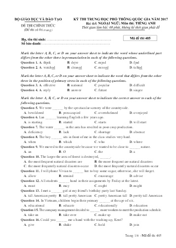 Đề thi Trung học Phổ thông Quốc gia năm 2017 môn Tiếng Anh - Mã đề thi 405