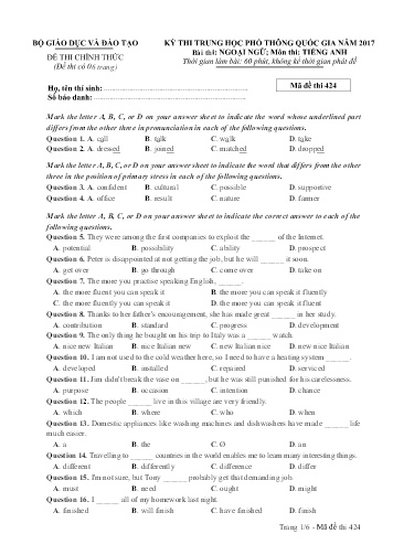 Đề thi Trung học Phổ thông Quốc gia năm 2017 môn Tiếng Anh - Mã đề thi 424