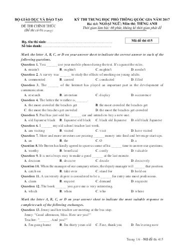 Đề thi Trung học Phổ thông Quốc gia năm 2017 môn Tiếng Anh - Mã đề thi 415
