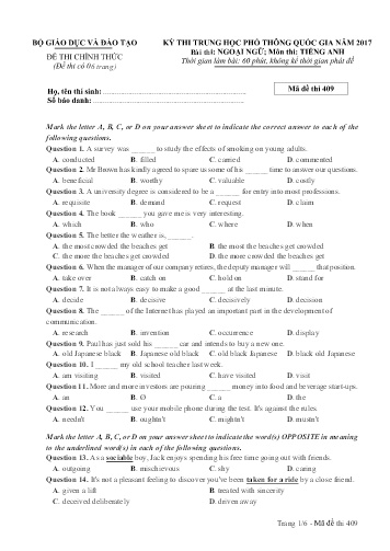 Đề thi Trung học Phổ thông Quốc gia năm 2017 môn Tiếng Anh - Mã đề thi 409
