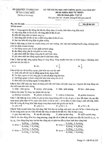 Đề thi Trung học Phổ thông Quốc gia năm 2017 môn Vật lí - Mã đề thi 205