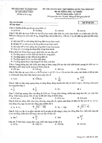 Đề thi Trung học Phổ thông Quốc gia năm 2017 môn Vật lí - Mã đề thi 206