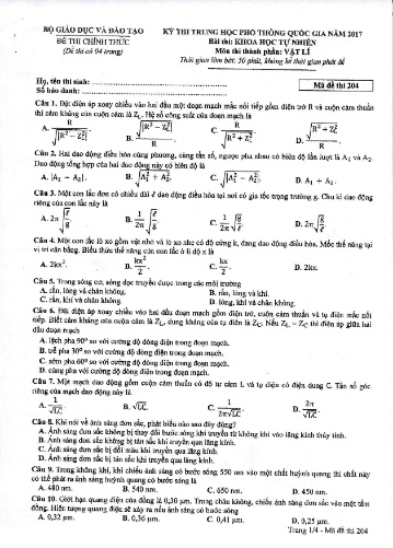 Đề thi Trung học Phổ thông Quốc gia năm 2017 môn Vật lí - Mã đề thi 204