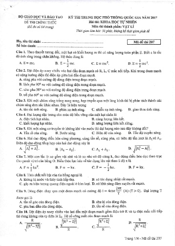 Đề thi Trung học Phổ thông Quốc gia năm 2017 môn Vật lí - Mã đề thi 207