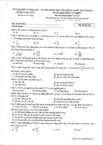 Đề thi Trung học Phổ thông Quốc gia năm 2017 môn Vật lí - Mã đề thi 210