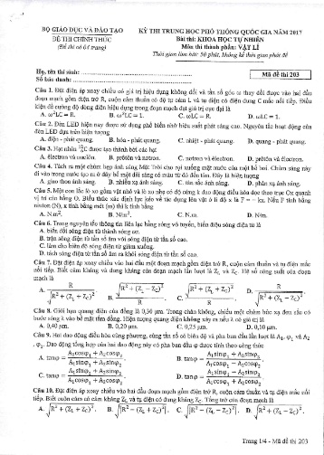 Đề thi Trung học Phổ thông Quốc gia năm 2017 môn Vật lí - Mã đề thi 203