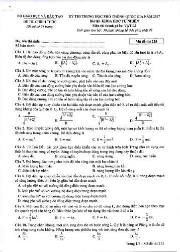 Đề thi Trung học Phổ thông Quốc gia năm 2017 môn Vật lí - Mã đề thi 215