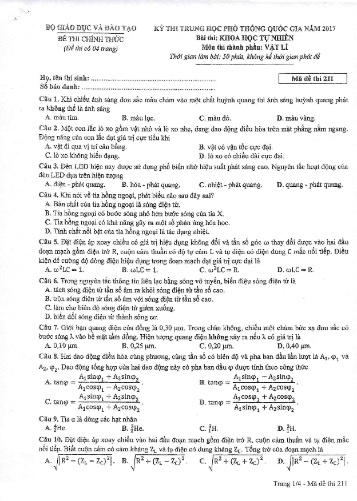 Đề thi Trung học Phổ thông Quốc gia năm 2017 môn Vật lí - Mã đề thi 211