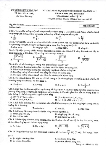 Đề thi Trung học Phổ thông Quốc gia năm 2017 môn Vật lí - Mã đề thi 201