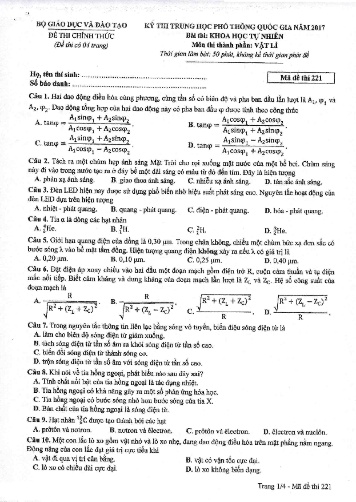 Đề thi Trung học Phổ thông Quốc gia năm 2017 môn Vật lí - Mã đề thi 221