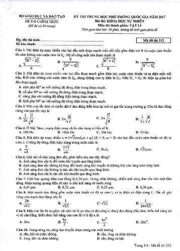 Đề thi Trung học Phổ thông Quốc gia năm 2017 môn Vật lí - Mã đề thi 212