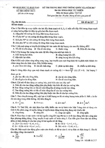 Đề thi Trung học Phổ thông Quốc gia năm 2017 môn Vật lí - Mã đề thi 217