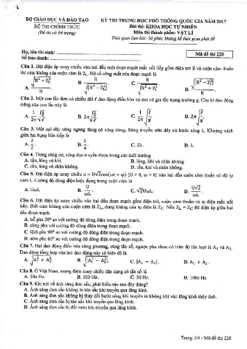 Đề thi Trung học Phổ thông Quốc gia năm 2017 môn Vật lí - Mã đề thi 220