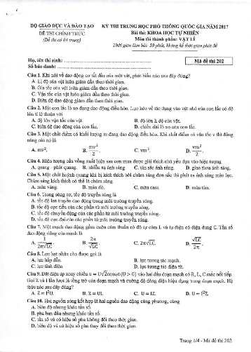 Đề thi Trung học Phổ thông Quốc gia năm 2017 môn Vật lí - Mã đề thi 202