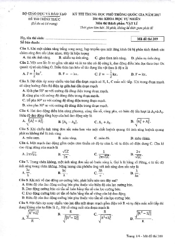 Đề thi Trung học Phổ thông Quốc gia năm 2017 môn Vật lí - Mã đề thi 209