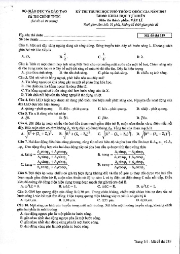 Đề thi Trung học Phổ thông Quốc gia năm 2017 môn Vật lí - Mã đề thi 219