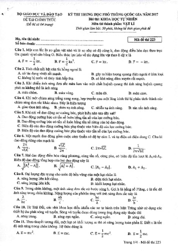 Đề thi Trung học Phổ thông Quốc gia năm 2017 môn Vật lí - Mã đề thi 223