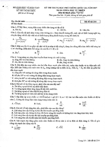 Đề thi Trung học Phổ thông Quốc gia năm 2017 môn Vật lí - Mã đề thi 214
