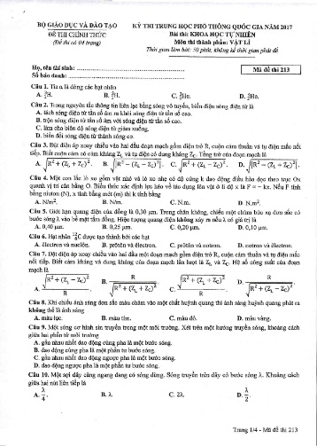 Đề thi Trung học Phổ thông Quốc gia năm 2017 môn Vật lí - Mã đề thi 213