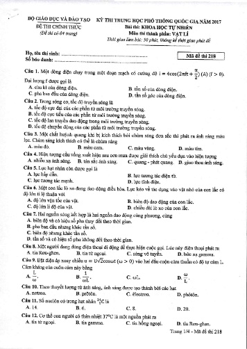 Đề thi Trung học Phổ thông Quốc gia năm 2017 môn Vật lí - Mã đề thi 218