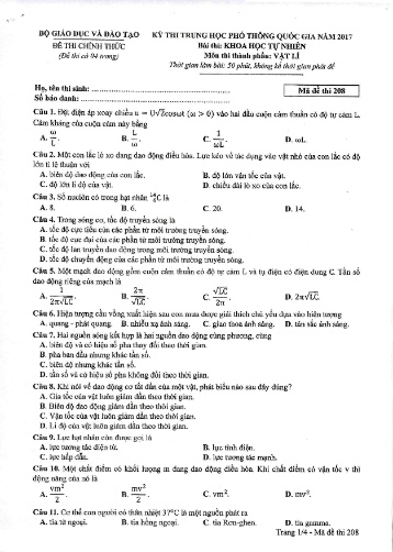 Đề thi Trung học Phổ thông Quốc gia năm 2017 môn Vật lí - Mã đề thi 208