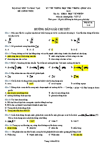 Đề thi Trung học Phổ thông Quốc gia năm 2019 môn Vật lí - Mã đề 215 (Có đáp án)