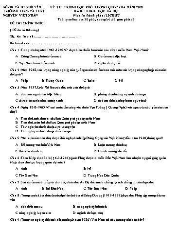 Đề thi Trung học Phổ thông Quốc gia năm 2020 môn Lịch sử - Trường THCS-THPT Nguyễn Viết Xuân (Có đáp án)