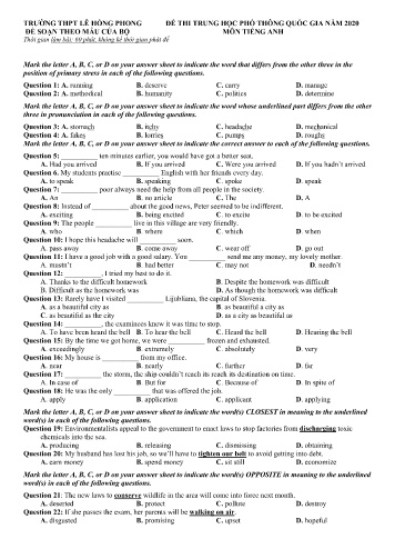 Đề thi Trung học Phổ thông Quốc gia năm 2020 môn Tiếng Anh - Trường THPT Lê Hồng Phong (Có đáp án)