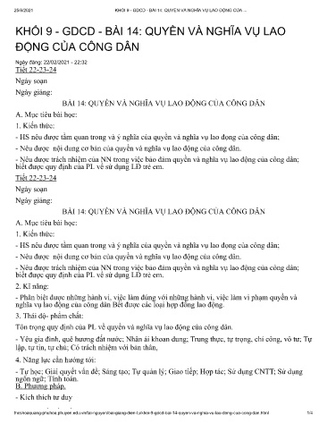 Giáo án Giáo dục công dân Lớp 9 - Tiết 22+23+24, Bài 14: Quyền và nghĩa vụ lao động của công dân