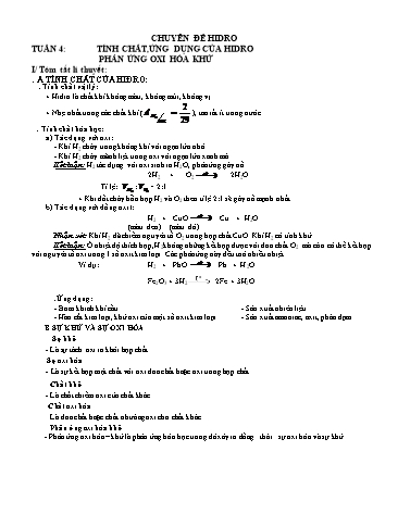 Giáo án Hóa học 8 - Tuần 4, Bài: Tính chất, ứng dụng của hidro phản ứng oxi hóa khử
