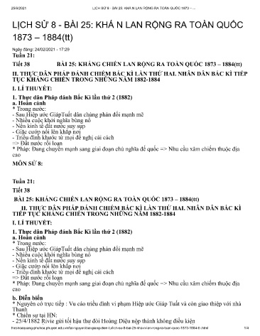 Giáo án Lịch sử 8 - Tuần 21, Tiết 38, Bài 25: Kháng lan rộng ra toàn quốc 1873-1884 (Tiếp theo)