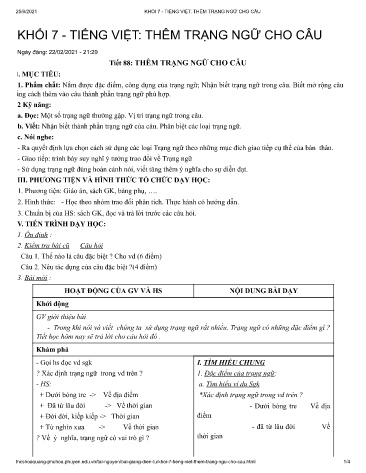 Giáo án Ngữ văn 7 - Tiết 88: Thêm trạng ngữ cho câu