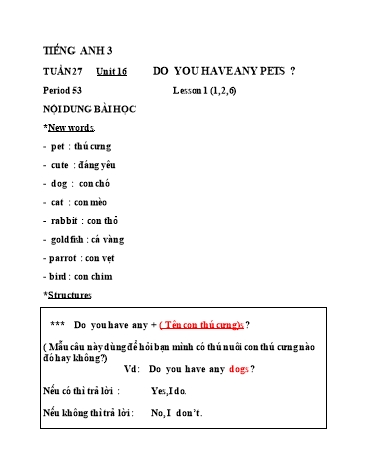 Giáo án Tiếng Anh Lớp 3 - Tuần 27+28 - Unit 16, 17