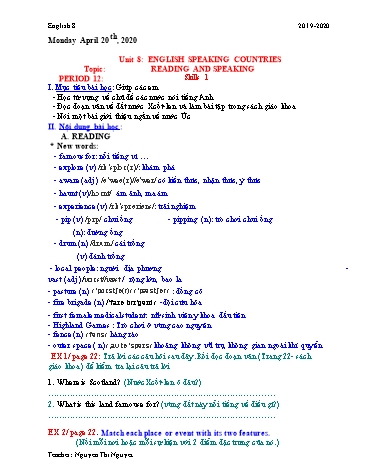 Giáo án Tiếng Anh Lớp 8 - Unit 8: English speaking countries - Period 12: Skills 1 - Nguyen Thi Nguyet