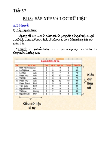 Giáo án Tin học Lớp 7 - Tiết 37, Bài 8: Sắp xếp và lọc dữ liệu
