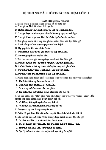 Hệ thống câu hỏi trắc nghiệm môn Ngữ văn Lớp 11 - Năm học 2018-2019 (Có đáp án)