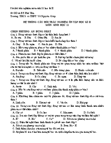 Hệ thống câu hỏi trắc nghiệm ôn tập học kì II môn Sinh học 11 - Trường THCS và THPT Võ Nguyên Giáp (Có đáp án)