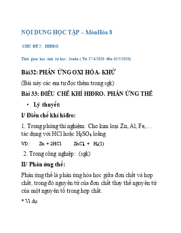 Nội dung học tập môn Hóa 8 - Chủ đề 2: Hiđro