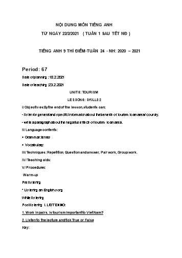 Nội dung môn Tiếng Anh 9 thí điểm - Tuần 24 - Năm học 2020-2021