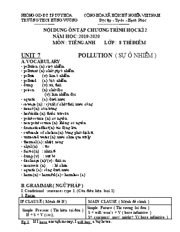 Nội dung ôn tập chương trình học kì 2 môn Tiếng Anh Lớp 8 (Thí điểm) - Unit 7: Pollution (Sự ô nhiễm) - Năm học 2019-2020