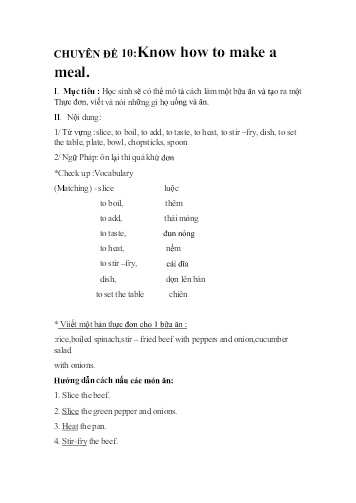 Ôn tập Tiếng Anh Lớp 7 - Chuyên đề 10: Know how to make a meal