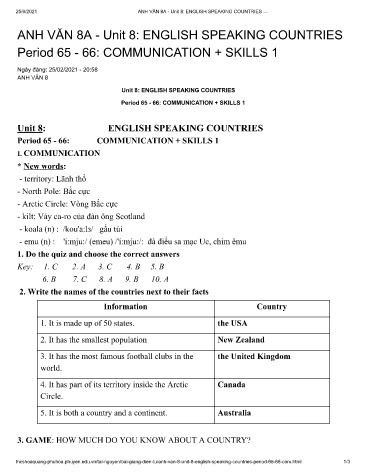 Ôn tập Tiếng Anh Lớp 8 - Unit 8: English speaking countries - Period 65+66: Communication + skills 1