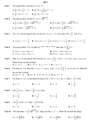 Ôn tập Toán 12 - Chủ đề: Nguyên hàm – Tích phân